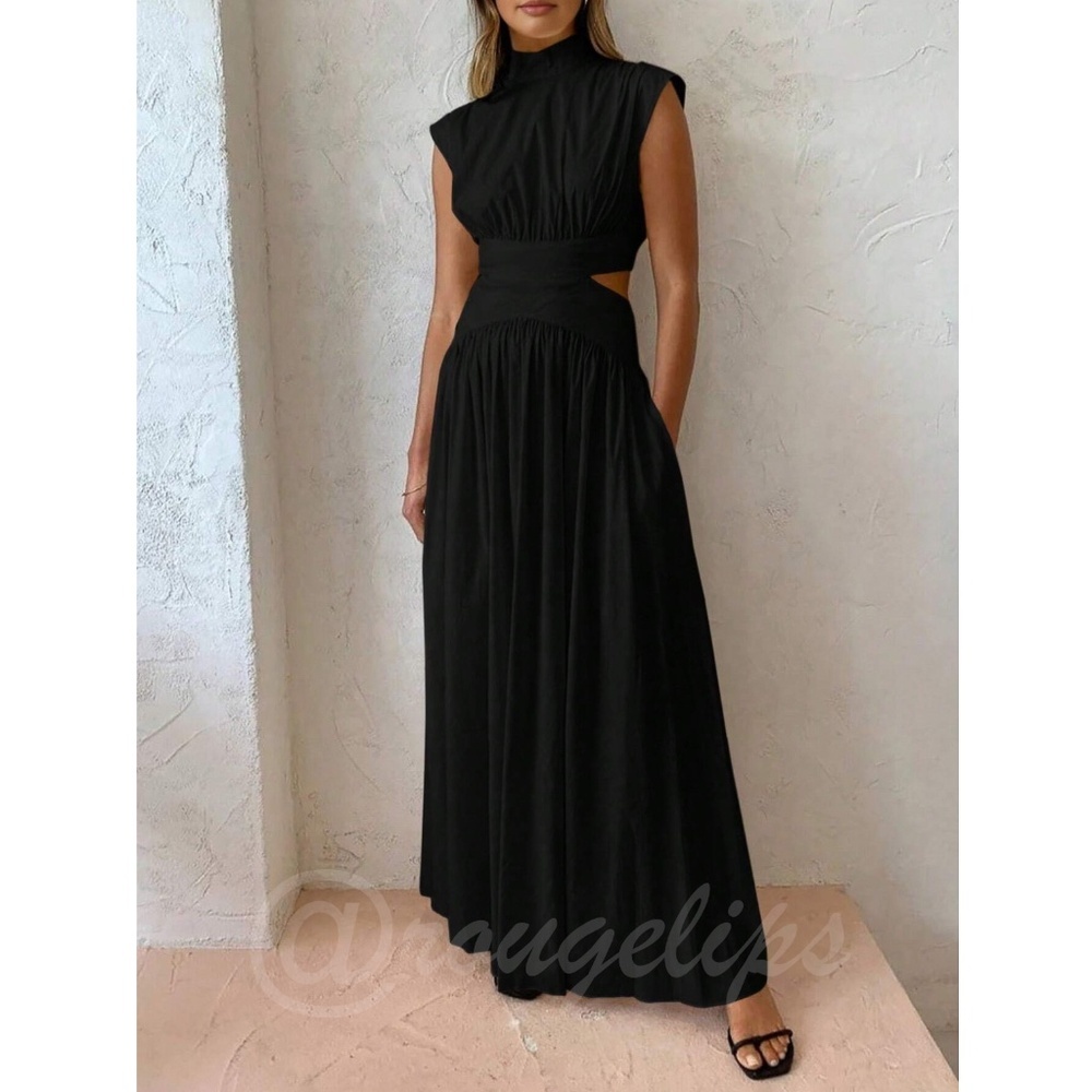 Black Long Dress High Neck Cut Out Back Flared Skirt Sleeveless - Picture 8 of 10